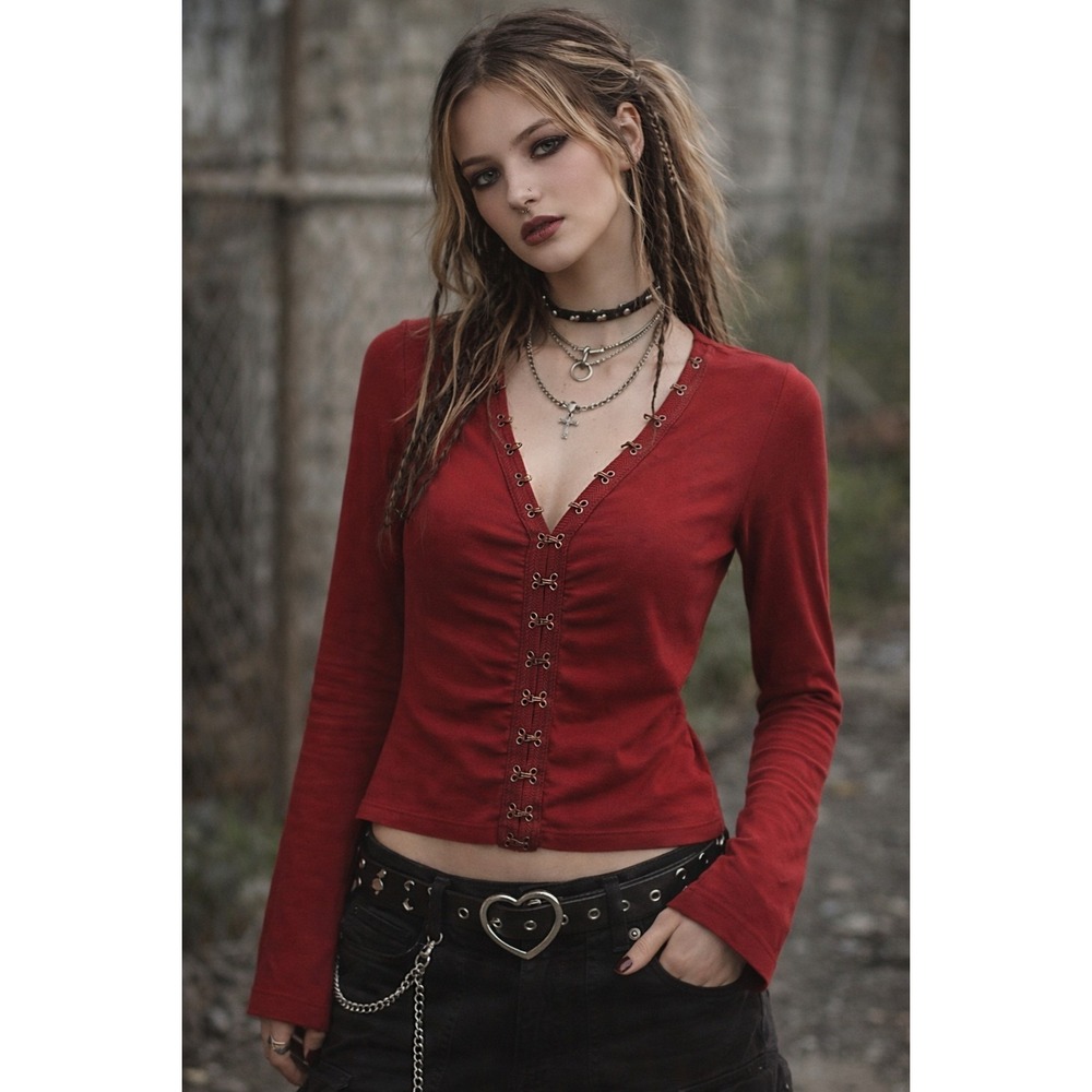 Y2K Grunge Red Hook & Eye Long Sleeve Fitted Top Goth Punk Emo Vintage Grunge S